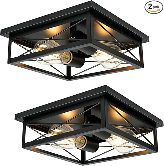 2 Pack Farmhouse Ceiling Light Fixture - Industrial Square Modern Black Flush Mount Ceiling Light for Kitchen, Hallway, Bedroom, Balcony, Porch, Stairway, E26 (Black, 10 Inch)