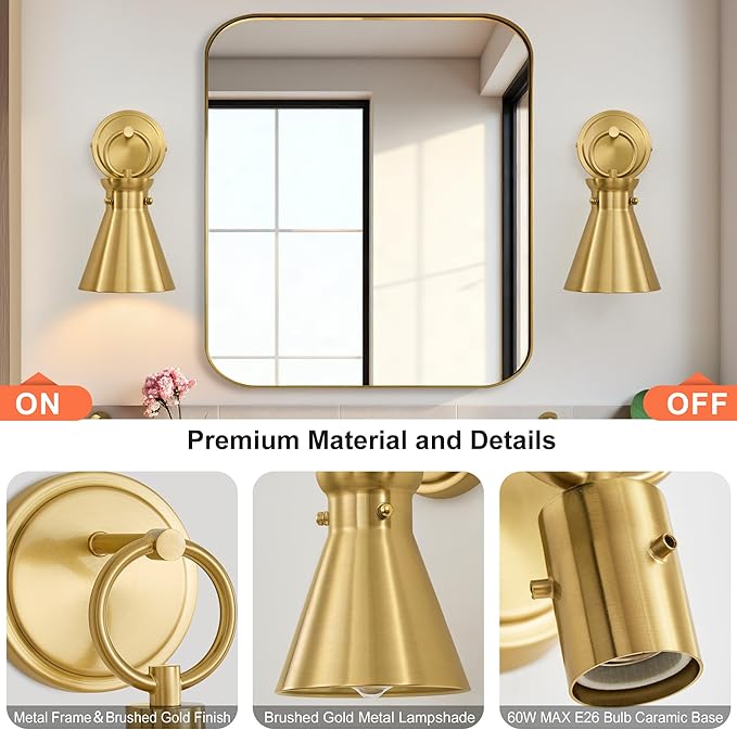 Gold Wall Sconces for Bathroom, Modern Vanity Light Fixtures, Wall Mount Lighting Farmhouse Wall Lights with 6 Inch Metal Lampshade for Bedroom Living Room Mirror Kitchen (Gold Metal, 2 Pack)