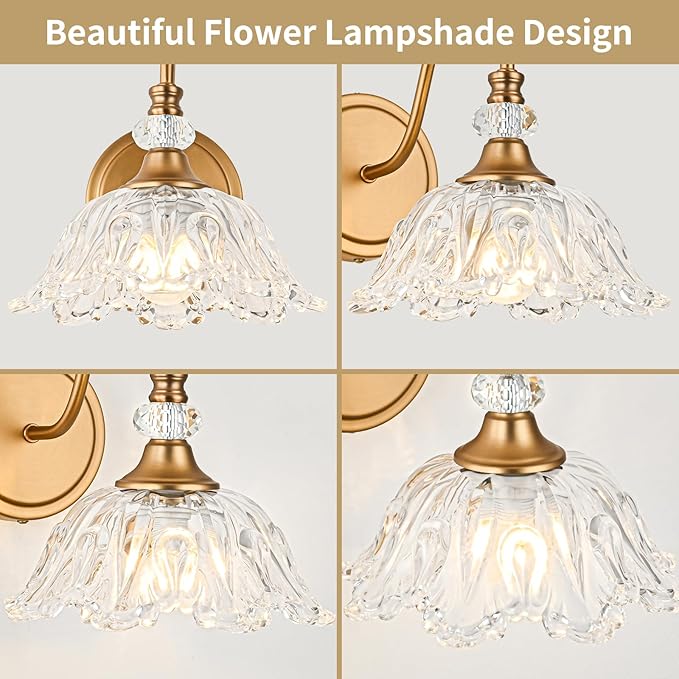 1 Piece Vintage Wall Sconce with Floral Clear Glass Shade, Matte Deep Brass Finish Wall Mount Lighting for Bathroom,Vintage Bathroom Vanity Light Fixture