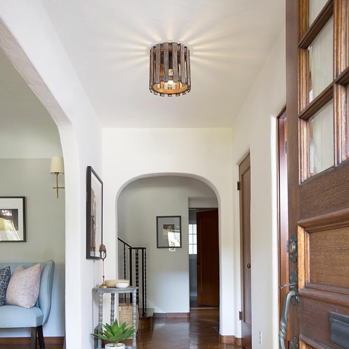 Farmhouse Flush Mount Ceiling Light, Wood Close to Ceiling Light, Rustic Hallway Light Fixtures for Kitchen, Dining Room, Living Room, Entryway