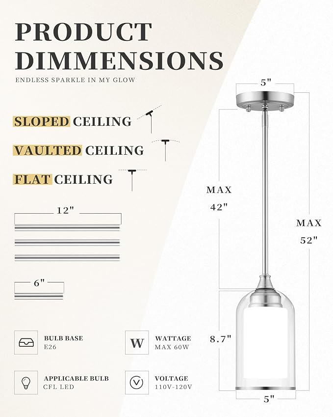 LIROUVET Modern Pendant Lights - Dual Glass Pendant Lights Kitchen Island, Brushed Nickel Hanging Lamp with Clear and Milk Glass, 1=Light Pendant Lighting for Kitchen, Dining Room, PL02BN