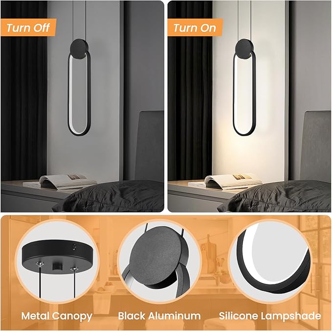 Modern Pendant Lights 2 Pack, Black LED Pendant Light 3000K Dimmable, Adjustable Height Oval Pendant Light Fixtures for Kitchen Island Bedroom Bathroom