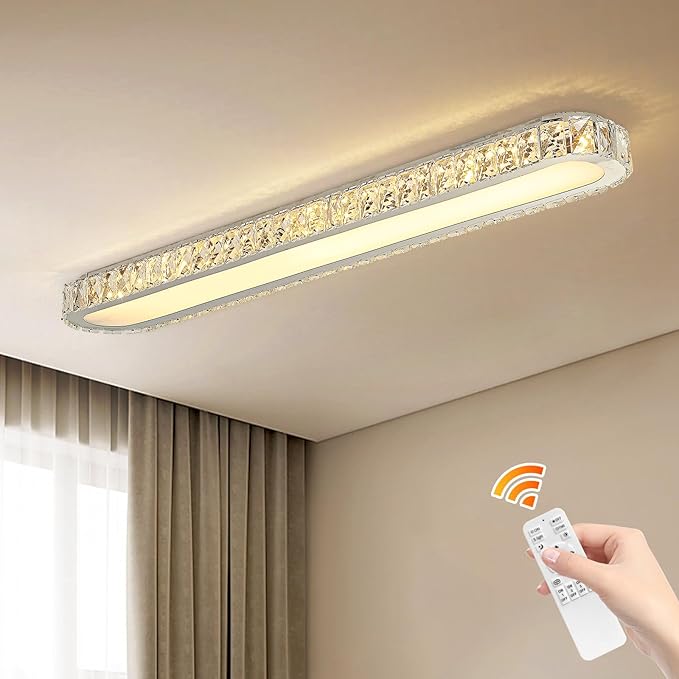 Qcyuui Dimmable LED Ceiling Light 39.4'' Kitchen Lighting Fixtures Ceiling Modern Luxury Crystal Ceiling Light with Remote Chrome Long Ceiling Light Fixture for Kitchen Dining Room Hallway,48W
