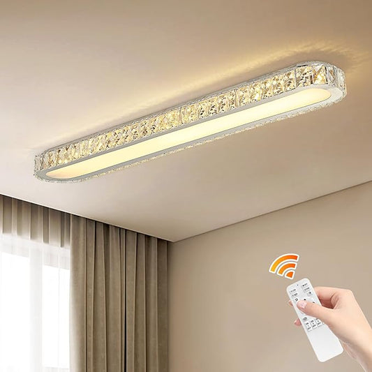 Qcyuui Dimmable LED Ceiling Light 39.4'' Kitchen Lighting Fixtures Ceiling Modern Luxury Crystal Ceiling Light with Remote Chrome Long Ceiling Light Fixture for Kitchen Dining Room Hallway,48W