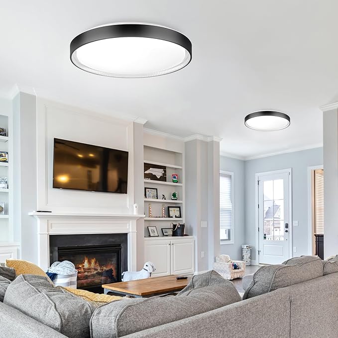 DLLT Flush Mount Ceiling Light: Close to Ceiling Light Fixtures 16 Inch 35W - Dimmable Ceiling Lamp 3000-6000K 5 Color Selectable Ceiling Mount Light for Bedroom Kitchen (Black)