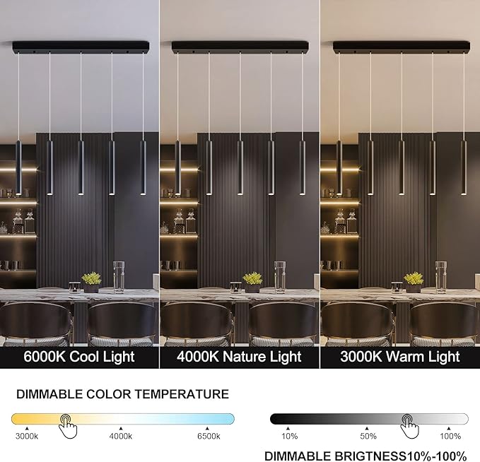 Modern Pendant 5 Light with Adjustable Height - Acrylic Shades & Matte Black Finish Pendant Light, 3000-6000K Dimmable Kitchen Pendant Lighting for Kitchen Island, Dining Room, Bar Counter