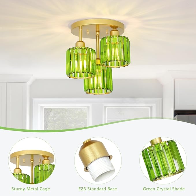 Green Crystal Close to Ceiling Light Fixtures,3-Light Modern Semi Flush Mount Ceiling Light,Kitchen Light Fixture with Crystal Shades,Hallway Lighting Fixture for Entryway Bedroom Bathroom