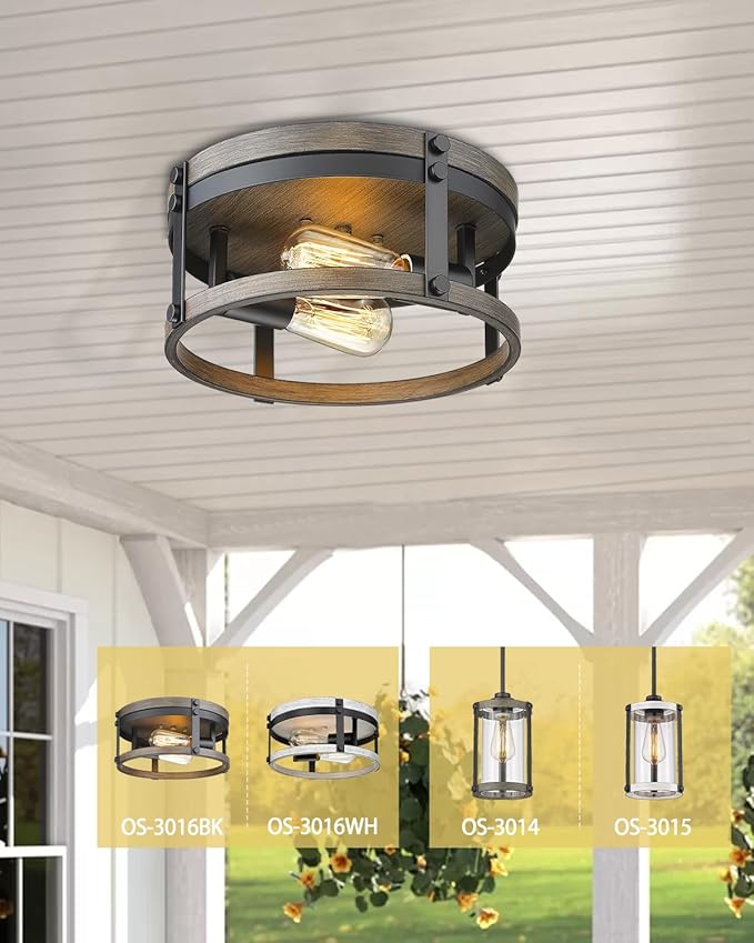 2-Light Farmhouse Flush Mount Ceiling Light, 12 inch Kitchen Ceiling Light, Round Rustic Light Fixtures with Black & Wood Grain Finish for Entryway Hallway, OS-3016BK