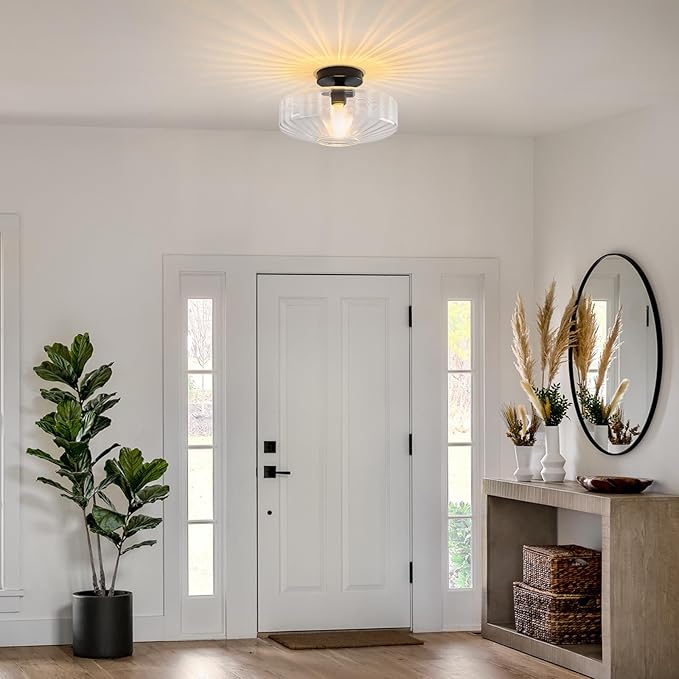 Semi Flush Mount Ceiling Light, 11.8" Vintage Clear Glass Ceiling Lights, 1-Light Mid Century Modern Drum Close to Ceiling Light Fixtures for Bedroom Kitchen Entryway Hallway Porch Foyer