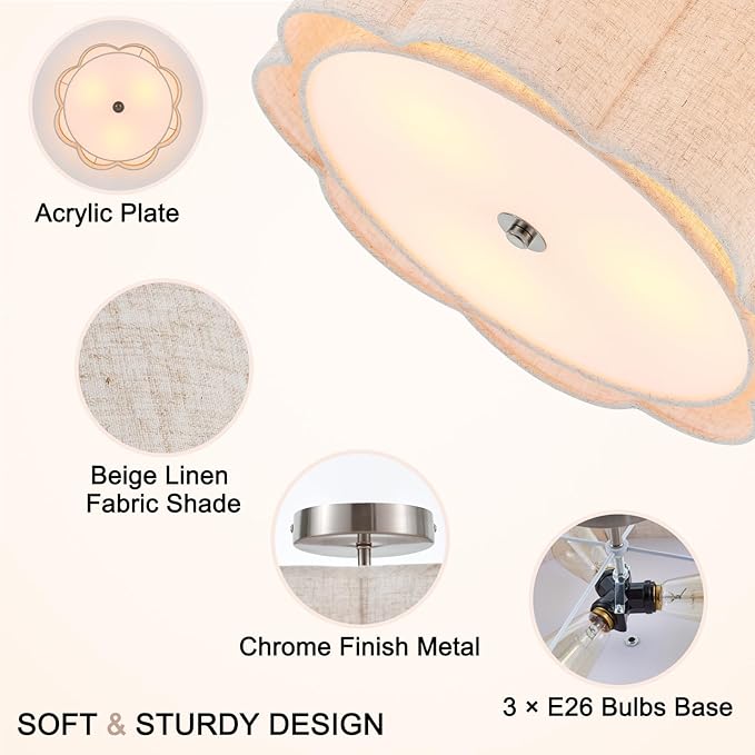 Semi Flush Mount Ceiling Light, Beige Linen Fabric Shade Ceiling Light, Chrome Modern Farmhouse Close to Ceiling Light for Bedroom, Hallway, Living Room, Dining Room, Laundry Room