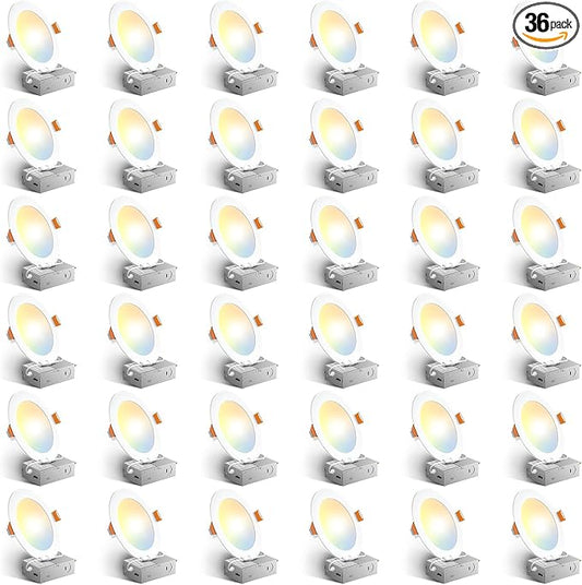Amico 36 Pack 6 Inch 5CCT Ultra-Thin LED Recessed Ceiling Light with Junction Box, 2700K/3000K/3500K/4000K/5000K Selectable, 12W Eqv 110W, Dimmable Can-Killer Downlight, 1050LM Brightness - ETL&FCC