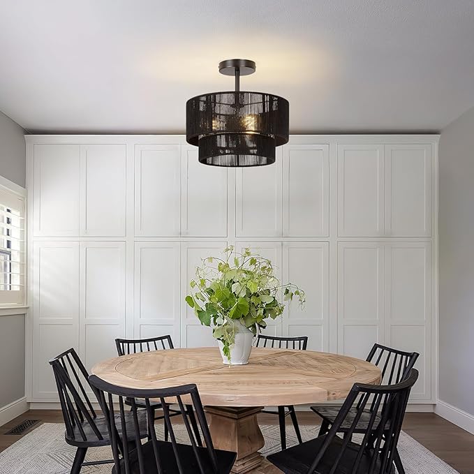 Rattan Ceiling Light Fixture,Boho Style Semi Flush Mount Ceiling Light, 12.6Inch Farmhouse Rattan Light Fixture with Black Woven Drum Lampshade for Entryway, Foyer, Kitchen