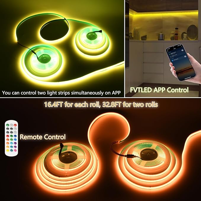 RGB COB Led Strip Light 32.FT/10M(2 Rolls of 16.4FT/5M), COB Led Strip 10mm Width/5760 LEDs, 24V Color Changing Led Strip Lights with Remote, Flexible Led Tape Light for TV Led Backlights