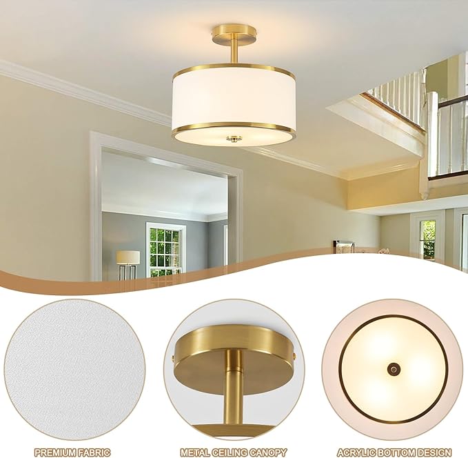 BUXVRCS Semi Flush Mount Ceiling Light Fixture, 3-Light Drum Lighting Fixtures, Hallway Light Fixture Ceiling Mount with Fabric Shade, Close to Ceiling Light for Bedroom Bathroom (Gold)