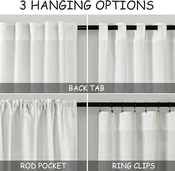 Nanspring Ivory Curtains 80 Inches Length for Living Room Back Tab Rod Pocket Semi Sheer Linen Drapes Muted Neutral Boho Off White Linen Textured Window Curtain for Dining Room 52X80 Inches