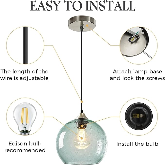 7.1in Medium Light Green Glass Pendant Light for Kitchen Island, 2-Pack with Extra LED Bulbs & 4.92ft Adjustable Cord | Modern Minimalist Lighting for Dining Room, Living Room, Entryway