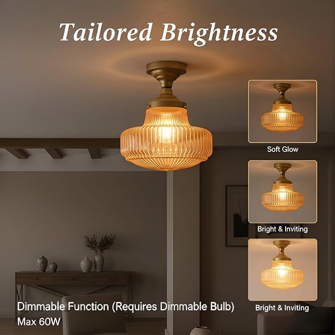 CLAXY Gold Ceiling Light Amber Glass Shade-Vintage Schoolhouse Light Fixture Semi-Flush Mount Dimmable for for Living Room/Bedroom/Dining Room/Kitchen