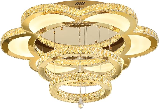 ykolupty W32'' Modern Chandelier for Living Room Crystal Chandeliers Flush Mount Chandelier for Dining Room Bedroom Foyer Dimmable 2700-6000K (Gold Chandelier)