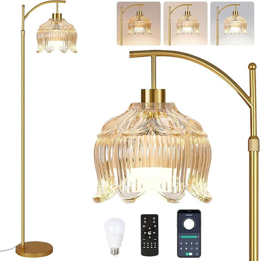 QIYIZM Floor Lamp for Living Room,Bedroom,Gold Dimmable Standing Lamp with Remote,Mid Century Modern Brass Tall Lamp Boho Floor Lamps Arc Stained Glass Tulip Flower Floor Light Lamp Girls Bohemian