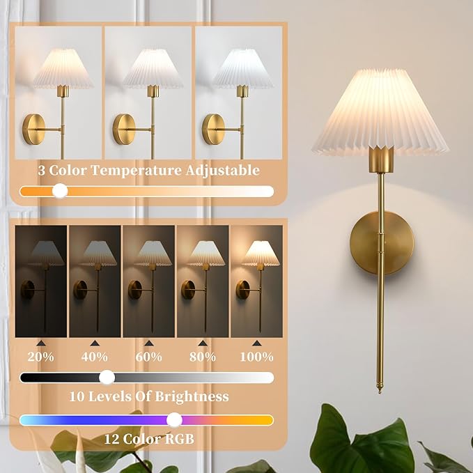 Rechargeable Wall Sconces Set of 2, Gold Battery Operated Wall Lights with Remote, Dimmable Pleated Shades Wall Lamp, 15 Colors Wireless Bathroom Vanity Wall Sconce for Bedroom Living Room Hallway