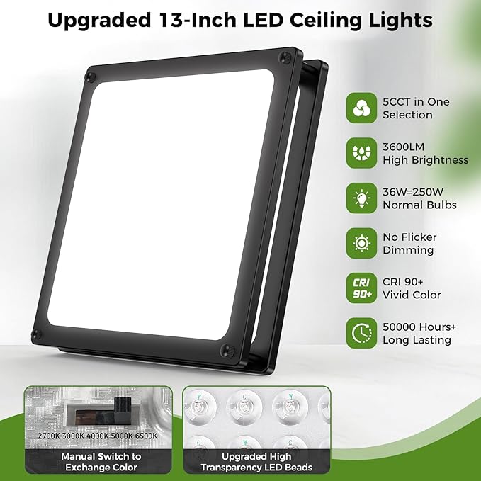 2-Pack 13 Inch Flush Mount LED Ceiling Light Fixtures, 36W 3200 Lumens Black Square Dimmable Ceiling Light, 2700K/3000K/4000K/5000K/6500K Adjustable Modern LED Lights for Bedroom Kitchen Bathroom