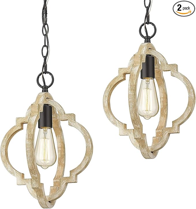 2Pack Wood Pendant Lights Kitchen Island, Farmhouse Pendant Lighting Fixtures, Adjustable Height Hanging Pendant Lights for Foyer, Dining Room, Entryway