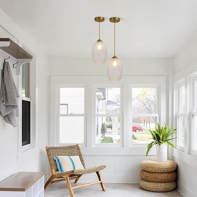 KCO Lighting Clear Glass Globe Pendant Light Ribbed Ceiling Light Brass Pendant Lights Kitchen Island Mid Century Modern Ceiling Hanging Light Gold Single Pendant Light