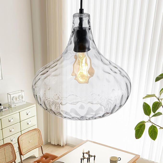 11 Inch Kitchen Island Pendant Light – Blown Glass Hammered Shade & Black Finish – Modern Hanging Ceiling Light for Dining Room, Sink, Hallway, Living Room – E26 Base