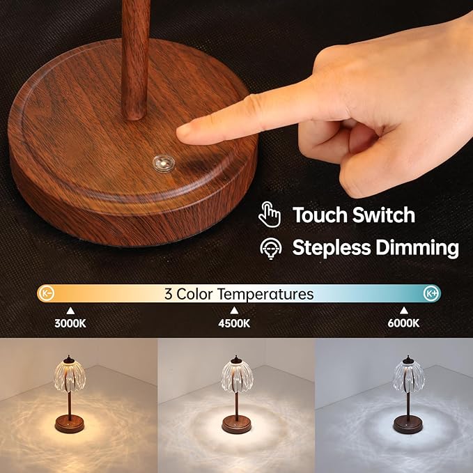 Shenmoyl Tulip Table Lamp with 5200mAh Battery & Touch Control, Small Cordless Table Lamp with 3 Colors, Rechargeable Battery Operated Table Lamps for Bedroom, Desk, Bedside (Transparent-Walnut Color)