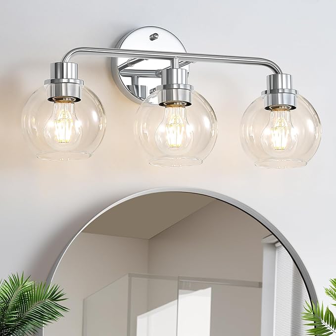 Bathroom Light Fixtures Chrome Vanity Light Silver 3 Light Modern Wall Sconces Lighting Bathroom Lights with Globe Glass Shades Bath Wall Lights Wall Lamp for Mirror Kitchen Living Room Hallway