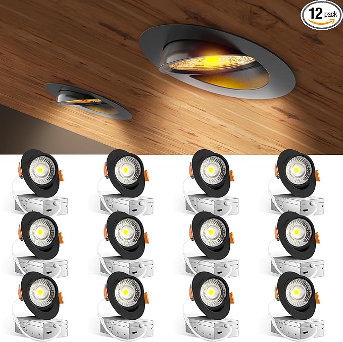 Amico 12 Pack 4 Inch 5CCT Gimbal LED Recessed Lighting, 360°&90°Adjustable Eyeball Directional Downlight, Dimmable, 2700K/3000K/3500K/4000K/5000K Selectable, 9W 700LM CRI90+, Black, ETL&FCC