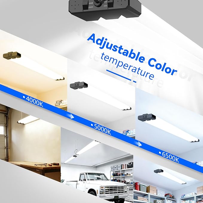 JESLED LED Shop Lights 4FT, 3CCT Selectable 4000K/5000K/6500K, Adjustable 30W/40W/50W, 7500LM Super Bright (300W Equivalent), Linkable Utility Light for Garage, Ceiling or Hanging Mount, ETL, 2 Pack