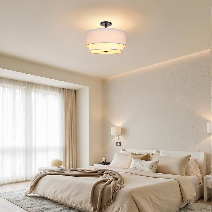 FRIDEKO HOME Semi Flush Mount Ceiling Light - Double Drum 3-Light Ceiling Light Fixture Farmhouse Chandelier with White 2-Layer Classic Fabric Linen Shade Design for Living Room, Bedroom, Kitchen