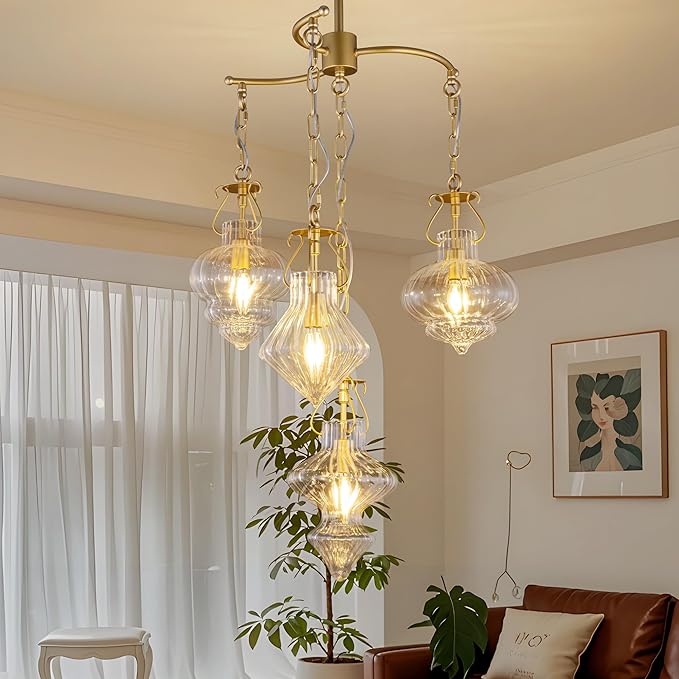 TOCHIC Modern Glass Pendant Light, 4 Light Gold Cluster Pendant Chandelier with Clear Ribbed Glass, Adjustable Hanging Light Fixture for Dining Room, Kitchen Island, Bedroom, Foyer