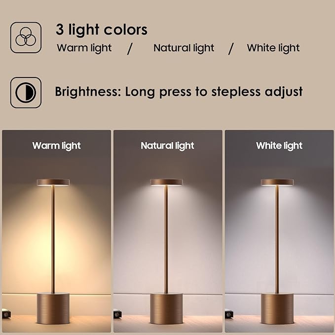 Cordless Rechargeable Battery Operated Dining Table Lamp 6000 mAh LED Desk Lamps 13.5 inches 3-Level Light Color Adjustable Dimmable Brightness for Reading/Restaurant/Study, Pack of 2
