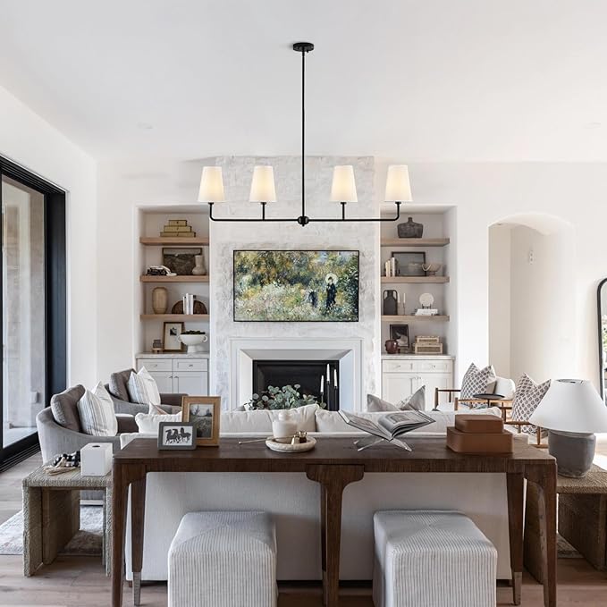 Black Linear Chandelier Modern Farmhouse Kitchen Island Light Fixture Classic 4 Light Chandeliers with White Linen Shades Over Dining Table
