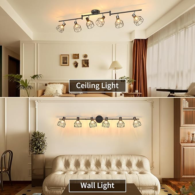 GORDNWE 6-Light Track Kits, Adjustable Track Fixtures - E12 Metal Wire Cage Retro Ceiling Lighting - Black for Kitchen, Living Room, Bedroom
