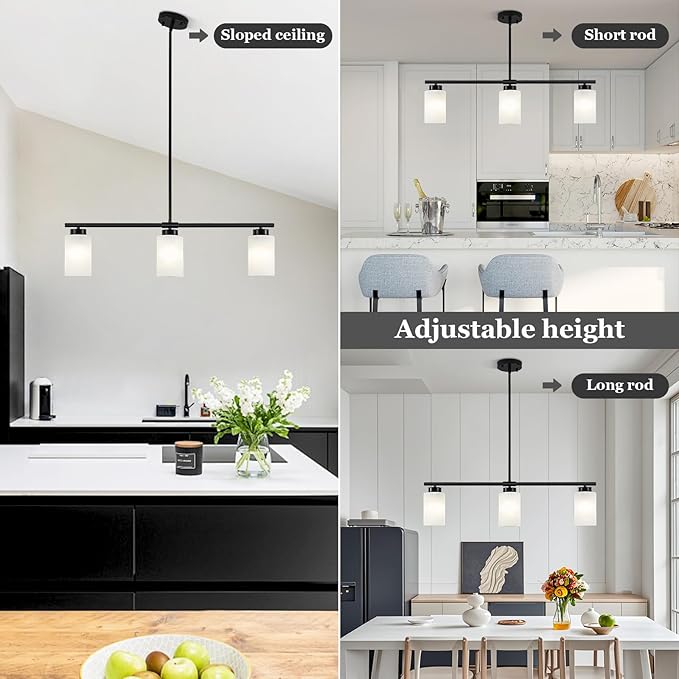 31" Kitchen Island Lighting 3 Light Black Pendant Light for Kitchen Island with Milk Glass Shade Modern Linear Chandelier Adjustable Hanging Farmhouse Light Fixtures Over Dining Table Living Room，E26