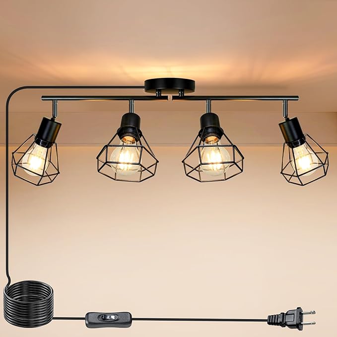 HiBay Plug in Track Lighting Fixtures Ceiling, Adjustable 4-Light Track Light Black, Directional Modern Ceiling Spotlight E26 with 16.4ft Cord & in-Line On/Off Switch for Kitchen Living Room Dorm
