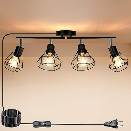 HiBay Plug in Track Lighting Fixtures Ceiling, Adjustable 4-Light Track Light Black, Directional Modern Ceiling Spotlight E26 with 16.4ft Cord & in-Line On/Off Switch for Kitchen Living Room Dorm