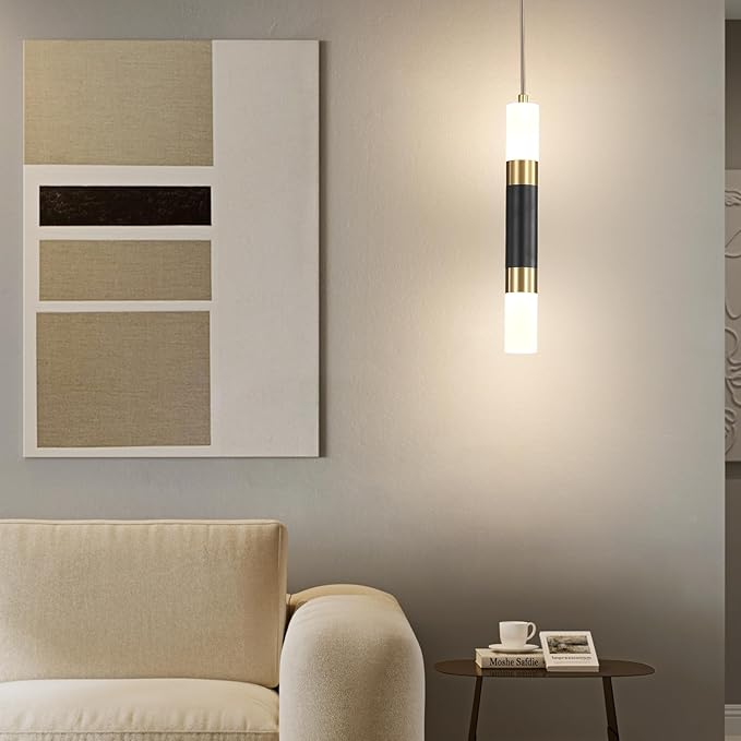 Modern Kitchen Island Pendant Light Fixtures, Black and Gold LED Ceiling Hanging Lights, 3 Color 2700K/4500K/6500K, Over Table Mini Linear Acrylic Pendant Lighting for Dining Room, Bedside, Bar