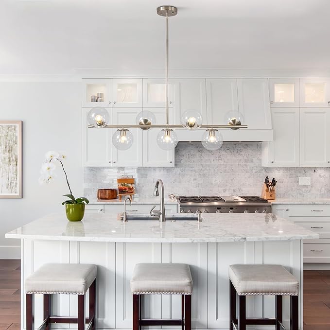 KCO Lighting Modern 7-Light Brushed Nickel Metal Large Chandelier Nordic Clear Glass Globe Farmhouse Pendant Light Silver Minimalist Adjustable Kitchen Island Hanging Ceiling Lights