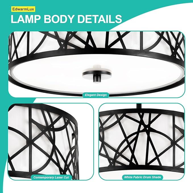 3-Light Semi Flush Mount Ceiling Light, 12.6" Drum Light with White Fabric Shade, Modern Close to Ceiling Lamp for Living Room Bedroom Dining Kitchen Hallway Entry Foyer (Matt Black)