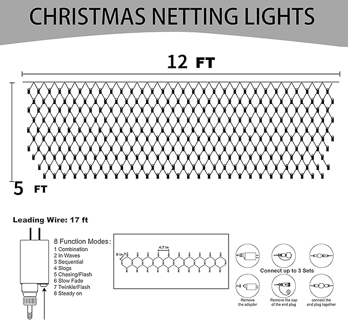 Dazzle Bright Christmas 360 LED Net Lights, 12FT x 5 FT Connectable Waterproof String Lights Clear Wire with 8 Modes, Christmas Decorations for Indoor Outdoor Xmas Party Yard Garden Decor (Warm White)