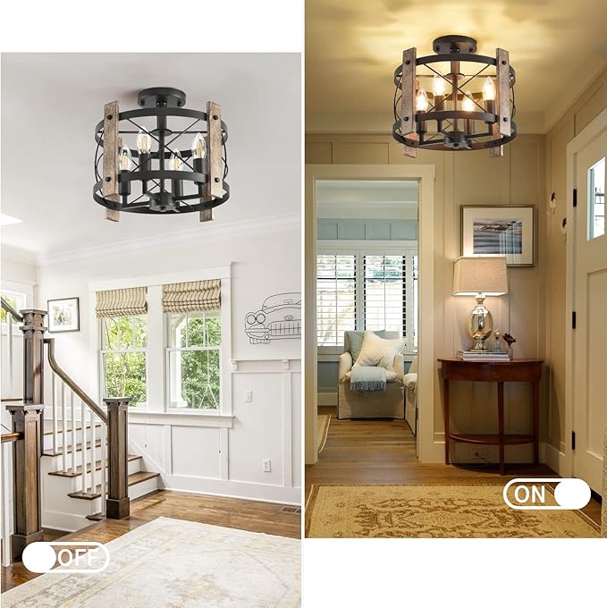 Black Semi Flush Mount Ceiling Light, 4-Light Ceiling Light Fixture, Farmhouse Chandelier Ceiling Light, Rustic Industrial Dining Room Light Fixture for Kitchen Bedroom Hallway Living Room E12