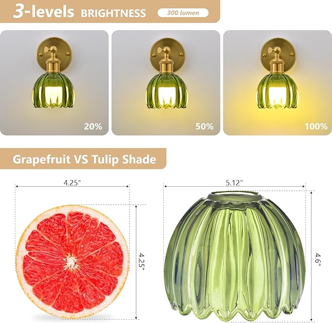 Vintage Battery Operated Wall Sconce, Green Tulip Glass Lampshade Wireless Rechargeable Battery Powered LED Wall Light with Remote Dimmable for Bedside Bedroom Doorway Living Room, Set of 2