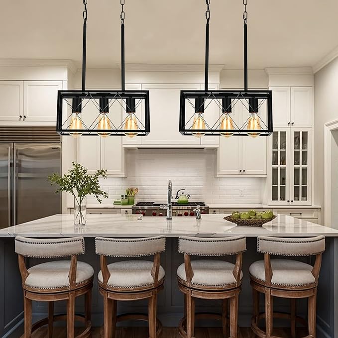 KEESFU Black Farmhouse Kitchen Island Lighting, 3 Lights Pendant Lighting Fixtures, Adjustable Height, Industrial Dining Room Light for Living Room Foyer Dining Table Over Sink.