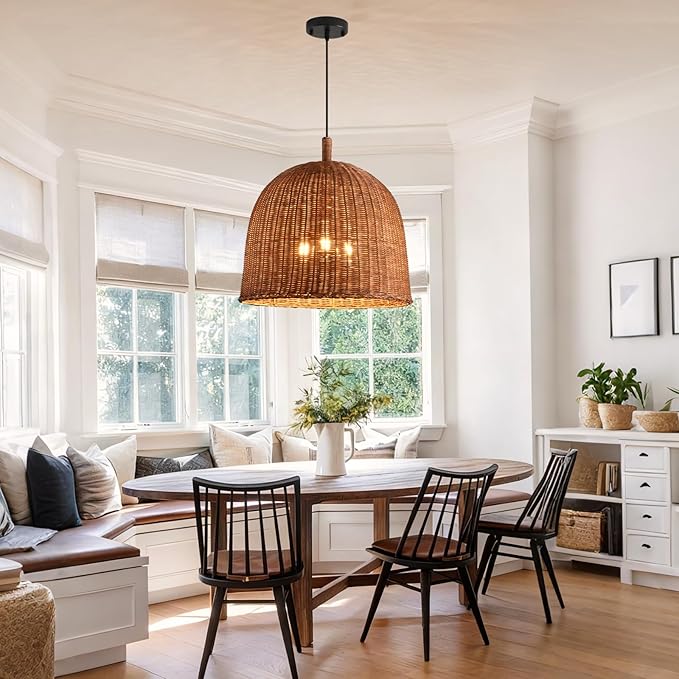 17" Farmhouse Rattan Chandelier 3-Lights Boho Wicker Pendant Lights Hand Woven Bamboo Dining Room Light Coastal Hanging Lighting Fixture for Living Room Kitchen Island Bedroom eRestaurant Foyer