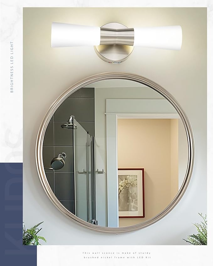 kudos Wall Sconces 16inches Brushed Nickel Vanity Light Fixtures, Modern Sconces Wall Lighting with Milk White Glass, Dimmerable 3000K/4000K/5000K for Bathroom Bedroom, KDVL13-BN