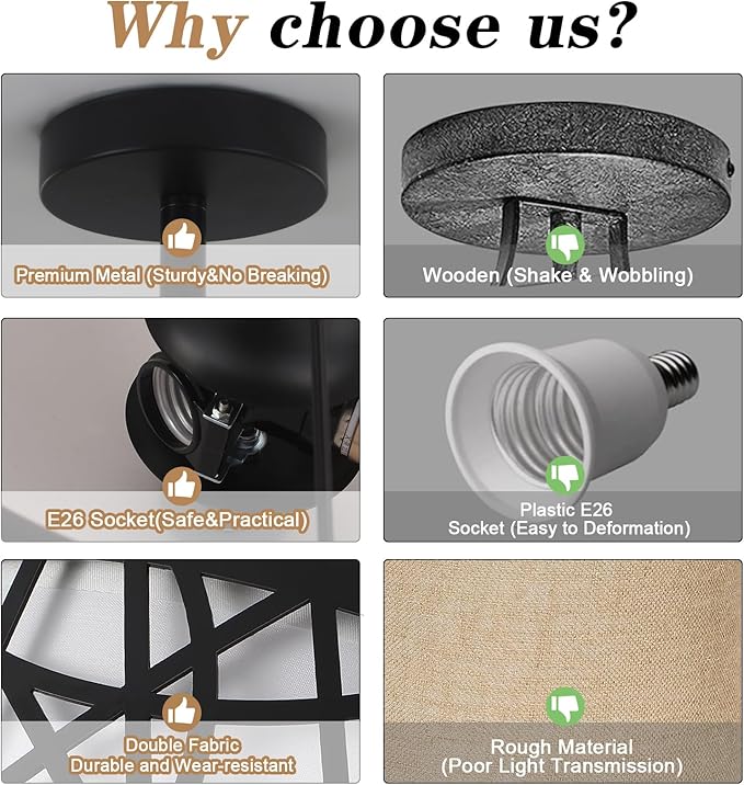 BUXVRCS Semi Flush Mount Ceiling Light, Unique 3-Light Drum Light Fixture with Fabric Shade, Kitchen Light Fixtures Ceiling Mount, Modern Close to Ceiling Lamp for Living Room (Black)